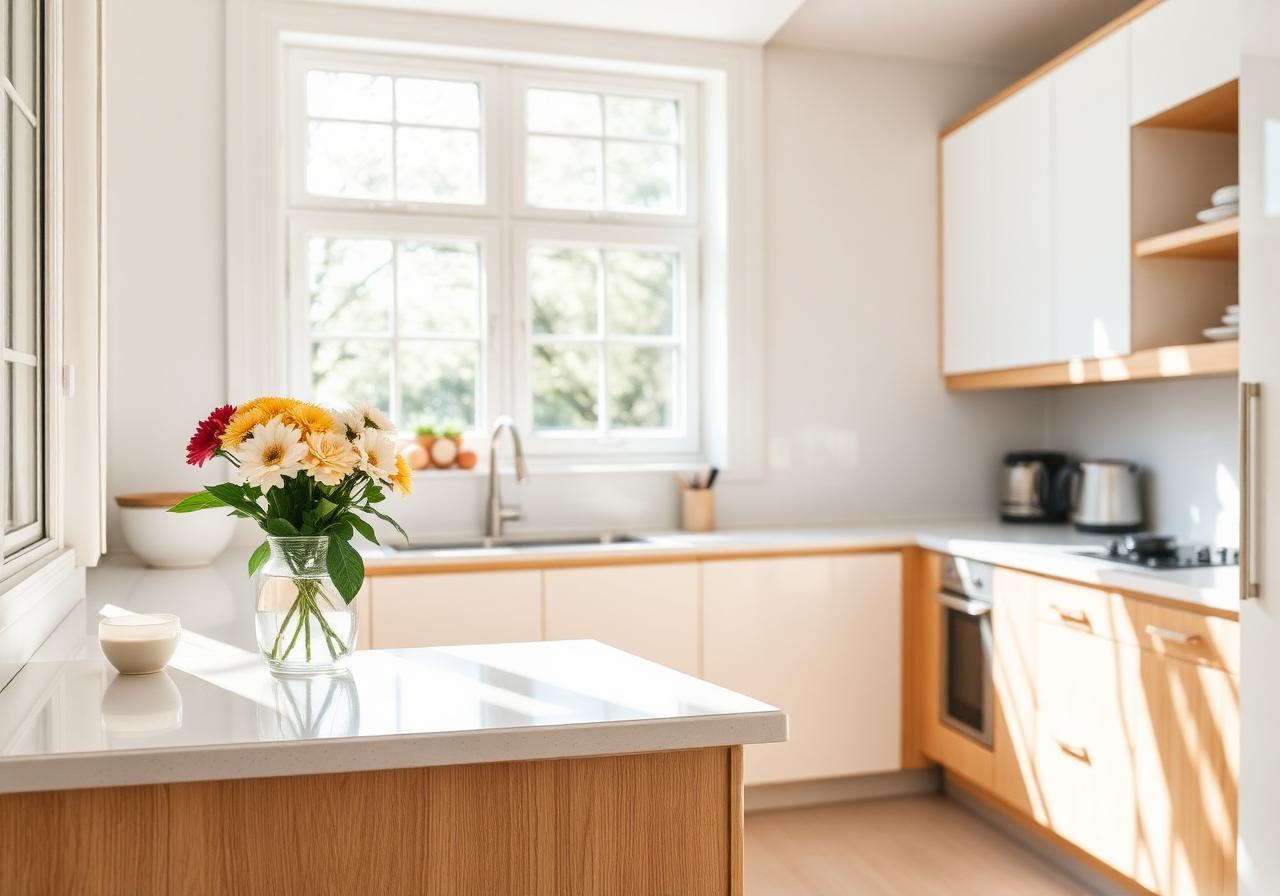 Spotless homely kitchen with fresh flowers