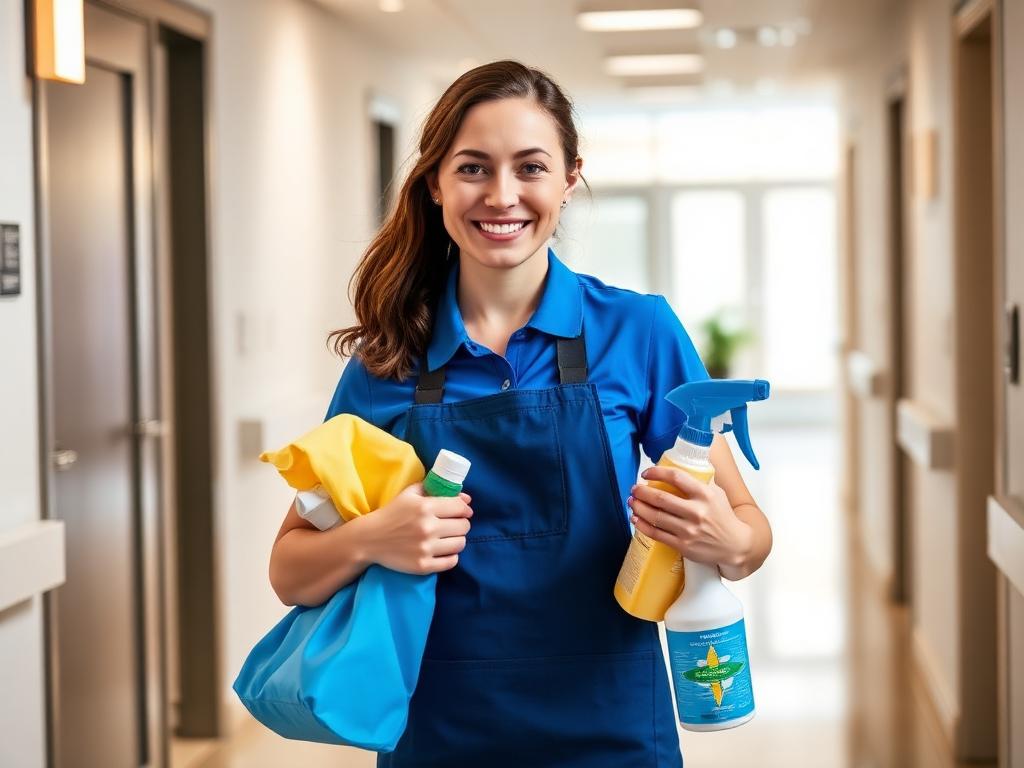 Friendly PureCare cleaner in a bright modern care home